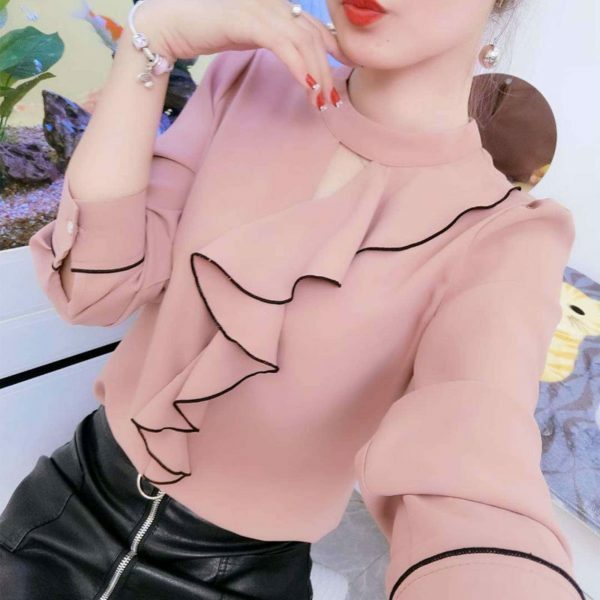 Y2K Style Stand Collar Ruffles Blouse | Streetwear Fashion Long Sleeve Top