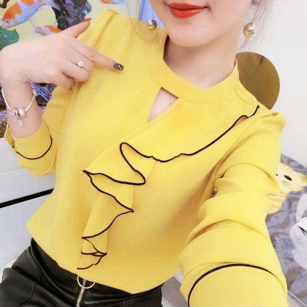 Y2K Style Stand Collar Ruffles Blouse | Streetwear Fashion Long Sleeve Top