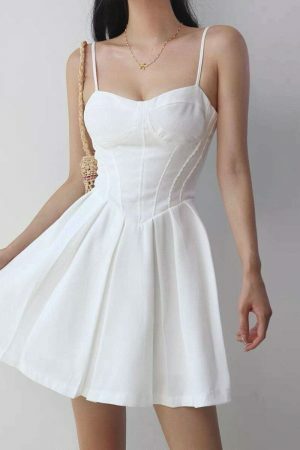 Y2K Style White Mini Dress with Pleats and Tie Straps