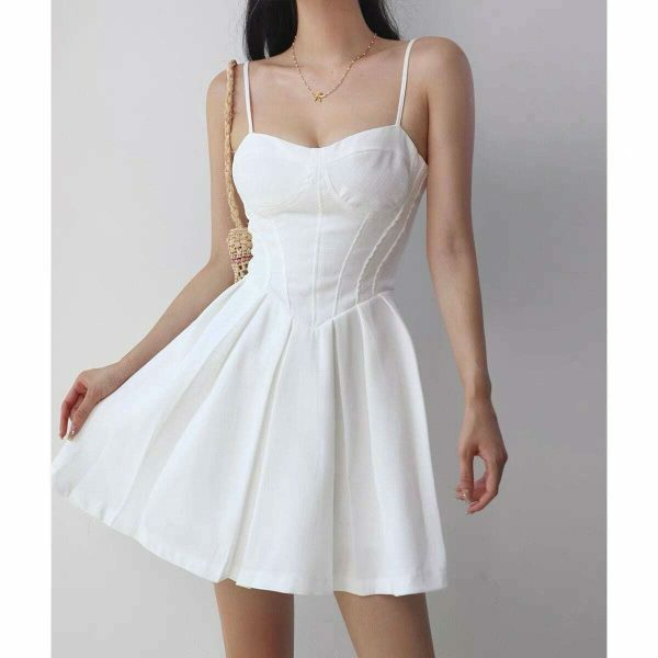 Y2K Style White Mini Dress with Pleats and Tie Straps