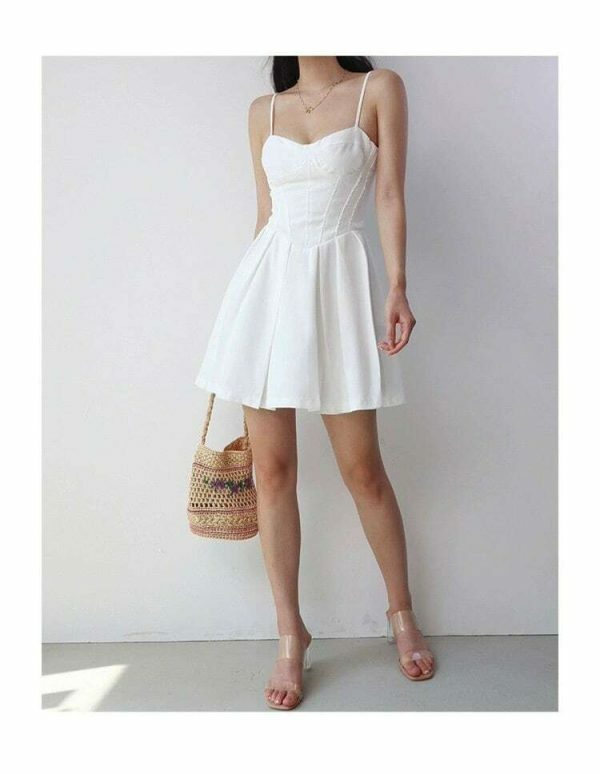 Y2K Style White Mini Dress with Pleats and Tie Straps