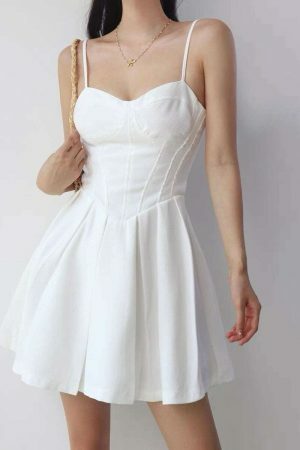 Y2K Style White Mini Dress with Pleats and Tie Straps