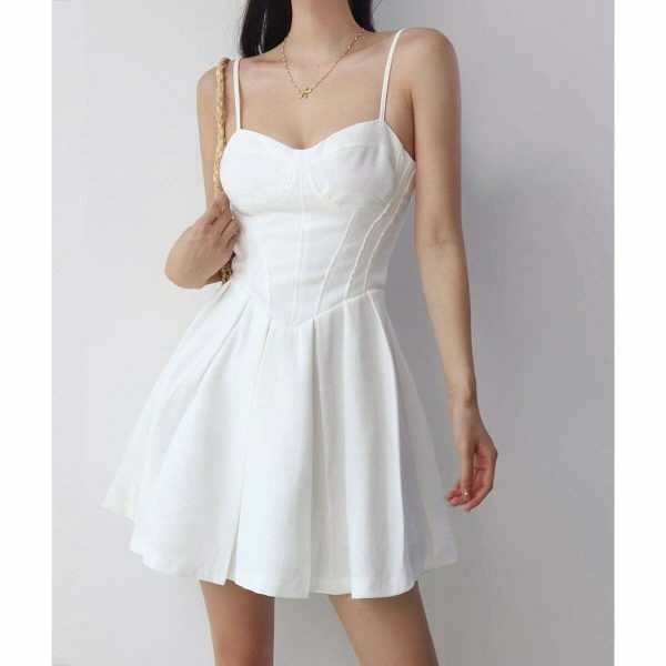 Y2K Style White Mini Dress with Pleats and Tie Straps