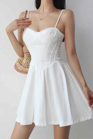 Y2K Style White Mini Dress with Pleats and Tie Straps