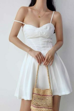 Y2K Style White Mini Dress with Pleats and Tie Straps