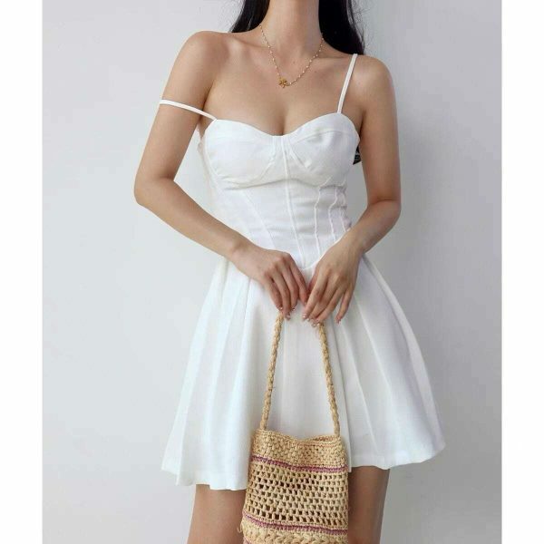 Y2K Style White Mini Dress with Pleats and Tie Straps