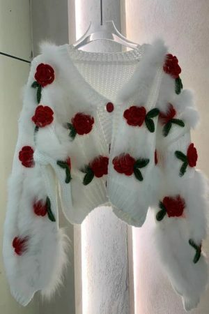 Y2K Style Women's Embroidered Rose Cardigan Sweater