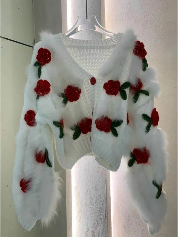 Y2K Style Women's Embroidered Rose Cardigan Sweater