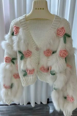 Y2K Style Women's Embroidered Rose Cardigan Sweater