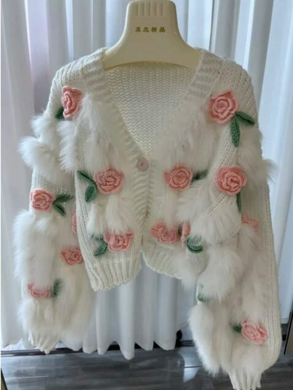 Y2K Style Women's Embroidered Rose Cardigan Sweater