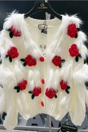 Y2K Style Women's Embroidered Rose Cardigan Sweater