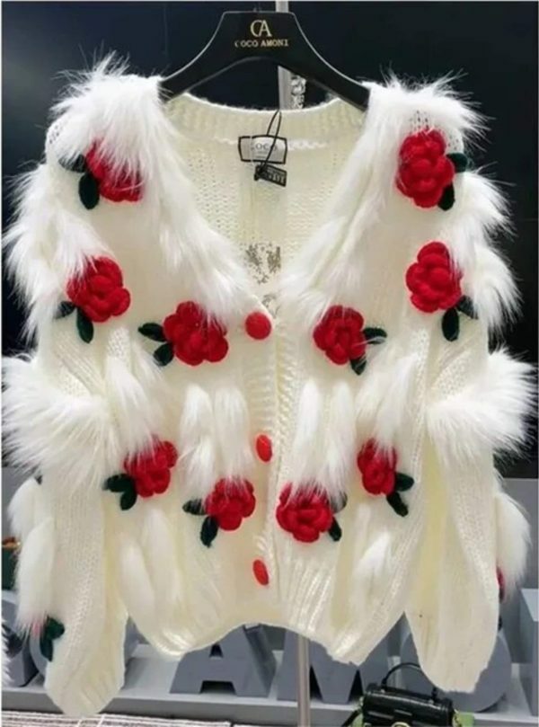 Y2K Style Women's Embroidered Rose Cardigan Sweater