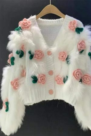 Y2K Style Women's Embroidered Rose Cardigan Sweater