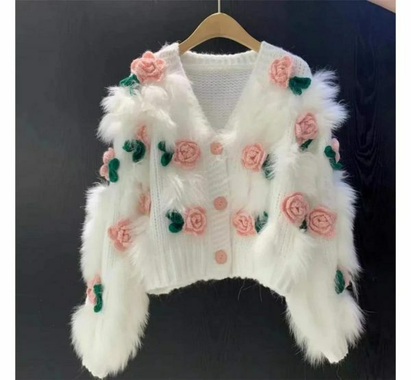 Y2K Style Women's Embroidered Rose Cardigan Sweater