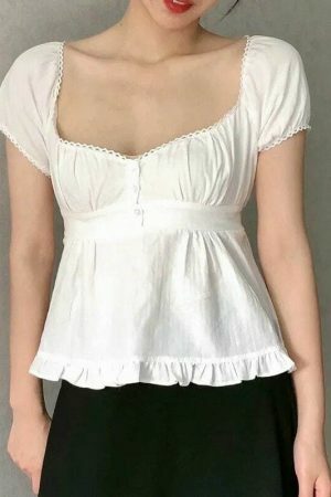 Y2K Style Women's Slim Fit Milkmaid Blouse with Ruffles