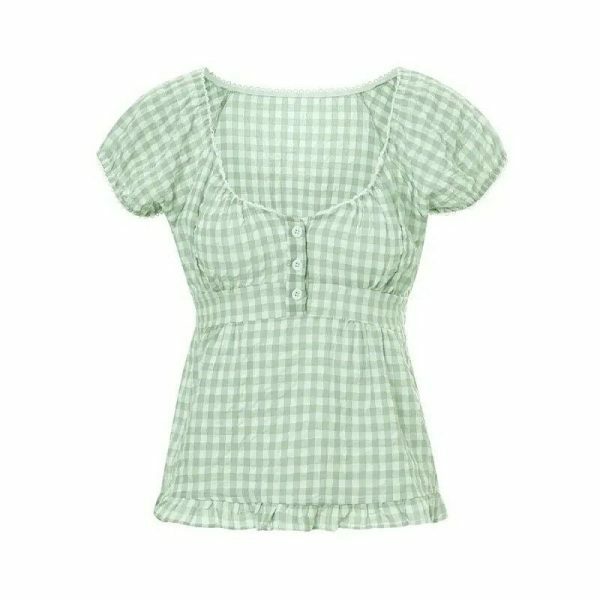 Y2K Style Women's Slim Fit Milkmaid Blouse with Ruffles