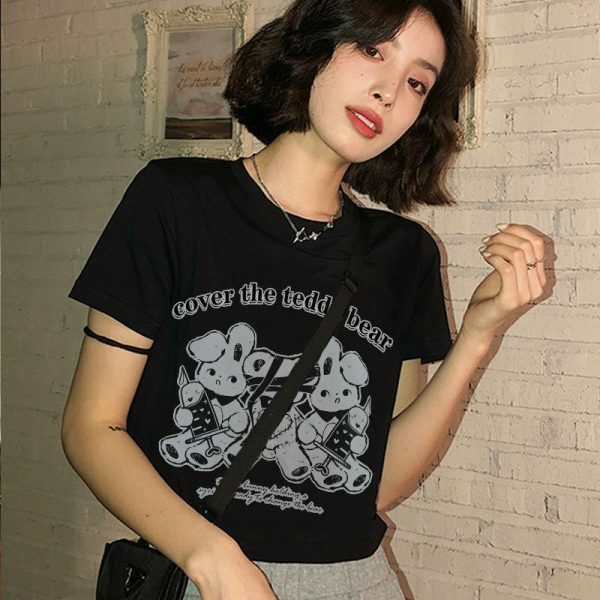 Y2K Teddy Bear Graphic White Crop Tee