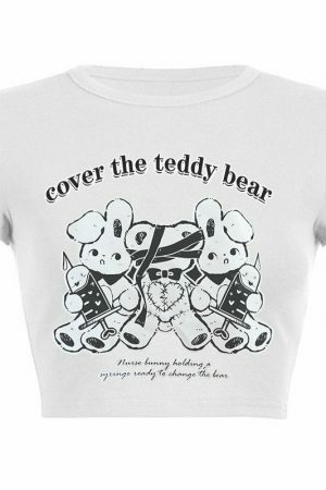 Y2K Teddy Bear Graphic White Crop Tee