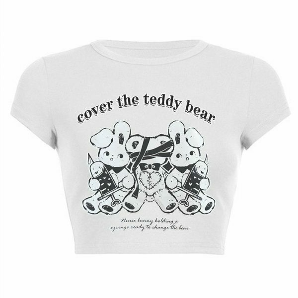 Y2K Teddy Bear Graphic White Crop Tee