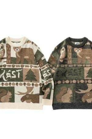 Y2K Teddy Bear Print Knit Sweater - Streetwear Harajuku Aesthetic