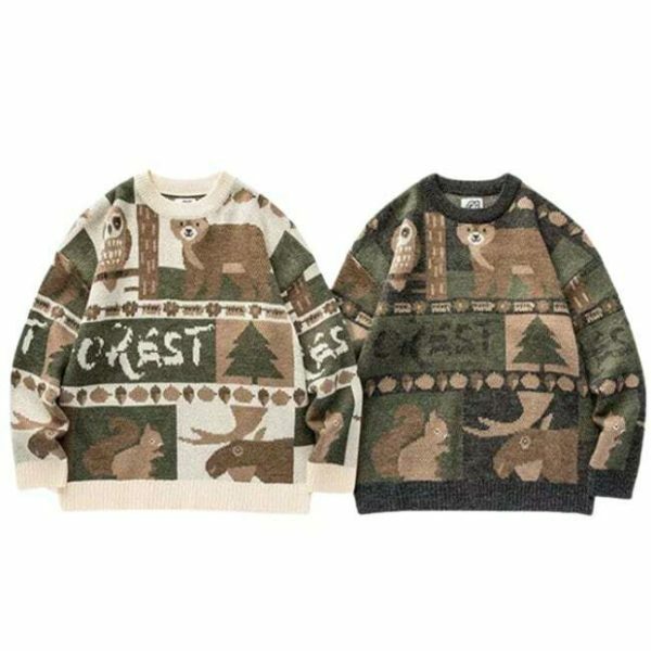 Y2K Teddy Bear Print Knit Sweater - Streetwear Harajuku Aesthetic