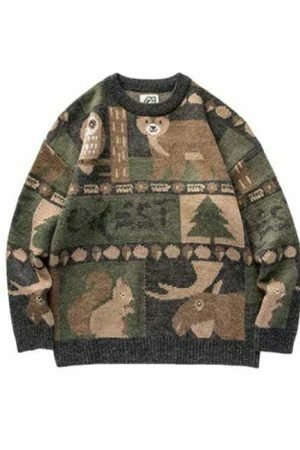 Y2K Teddy Bear Print Knit Sweater - Streetwear Harajuku Aesthetic