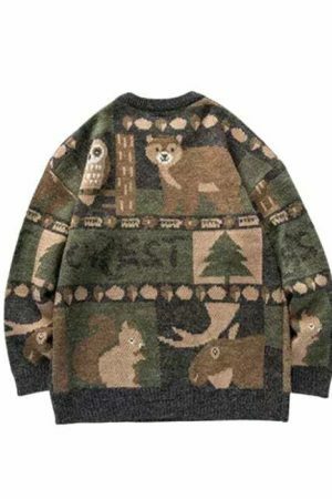 Y2K Teddy Bear Print Knit Sweater - Streetwear Harajuku Aesthetic