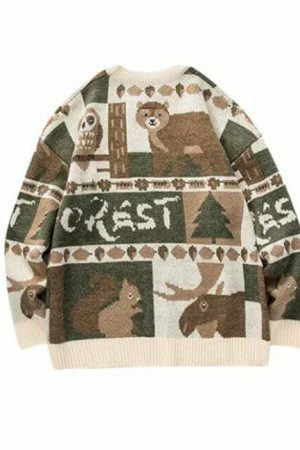 Y2K Teddy Bear Print Knit Sweater - Streetwear Harajuku Aesthetic