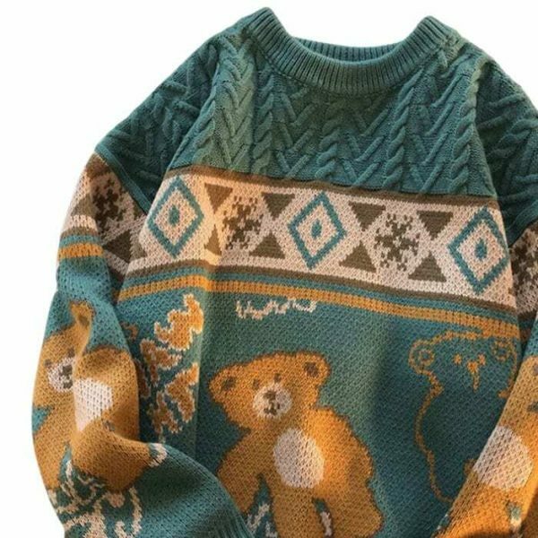 Y2K Teddy Bear Print Nordic Knit Oversized Harajuku Sweater