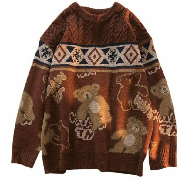 Y2K Teddy Bear Print Nordic Knit Oversized Harajuku Sweater