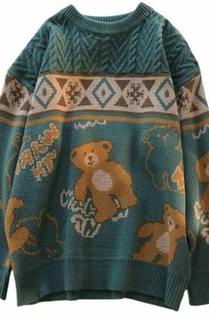 Y2K Teddy Bear Print Nordic Knit Oversized Harajuku Sweater