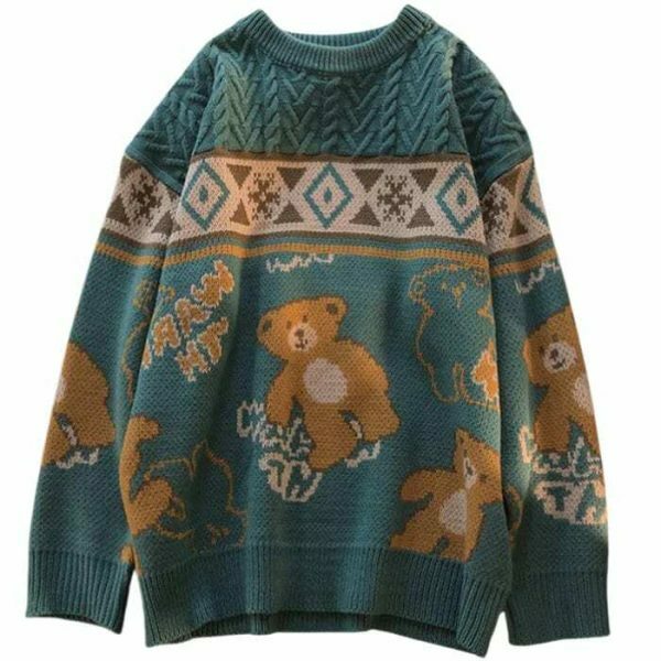 Y2K Teddy Bear Print Nordic Knit Oversized Harajuku Sweater