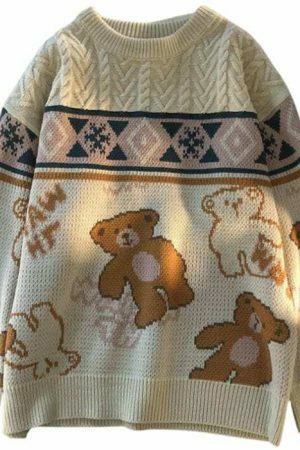 Y2K Teddy Bear Print Nordic Knit Oversized Harajuku Sweater