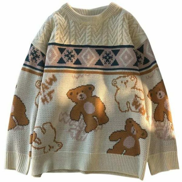 Y2K Teddy Bear Print Nordic Knit Oversized Harajuku Sweater