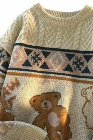 Y2K Teddy Bear Print Nordic Knit Oversized Harajuku Sweater