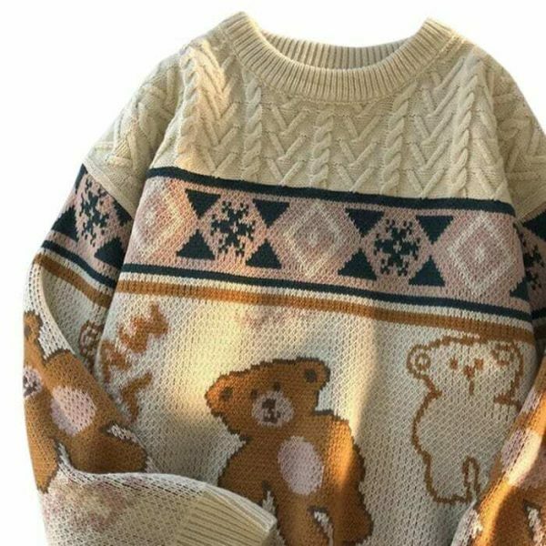 Y2K Teddy Bear Print Nordic Knit Oversized Harajuku Sweater