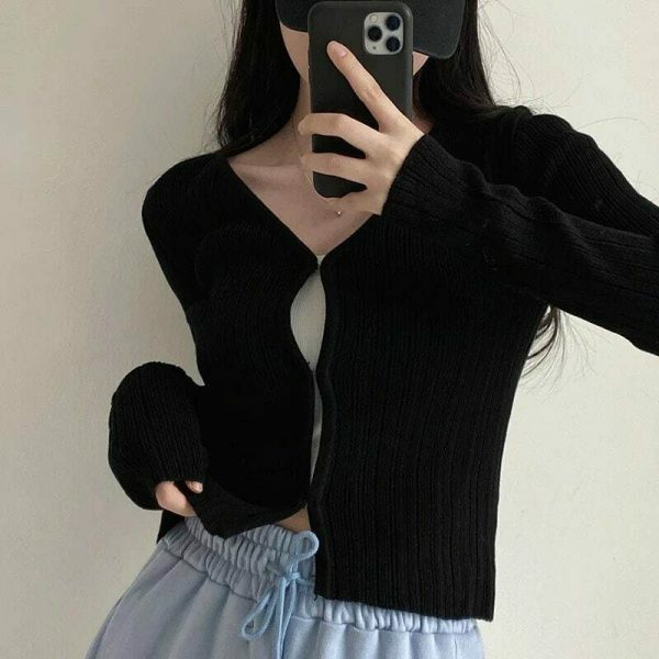 Y2K Textured V-Neck Cropped Cardigan