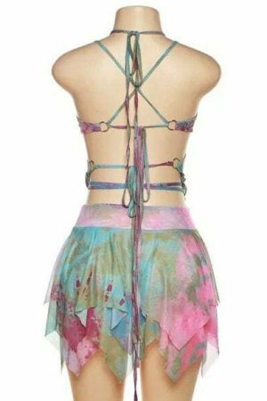 Y2K Tie Dye Rave Party Outfit: Mesh Butterfly 3-Piece Set - Bandage Cami, Irregular Skirt, Fairy Festival Crop Top