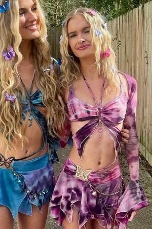 Y2K Tie Dye Rave Party Outfit: Mesh Butterfly 3-Piece Set - Bandage Cami, Irregular Skirt, Fairy Festival Crop Top