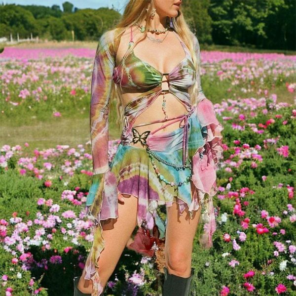 Y2K Tie Dye Rave Party Outfit: Mesh Butterfly 3-Piece Set - Bandage Cami, Irregular Skirt, Fairy Festival Crop Top