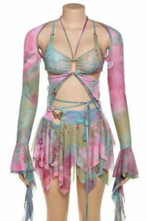 Y2K Tie Dye Rave Party Outfit: Mesh Butterfly 3-Piece Set - Bandage Cami, Irregular Skirt, Fairy Festival Crop Top