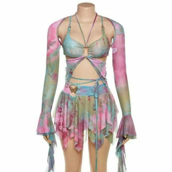 Y2K Tie Dye Rave Party Outfit: Mesh Butterfly 3-Piece Set - Bandage Cami, Irregular Skirt, Fairy Festival Crop Top