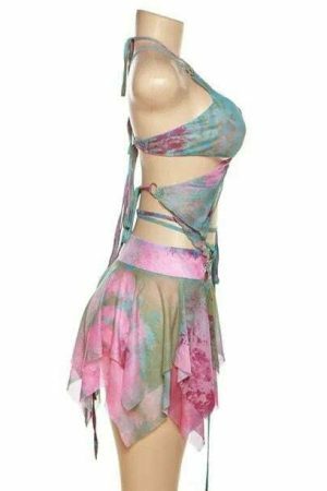 Y2K Tie Dye Rave Party Outfit: Mesh Butterfly 3-Piece Set - Bandage Cami, Irregular Skirt, Fairy Festival Crop Top