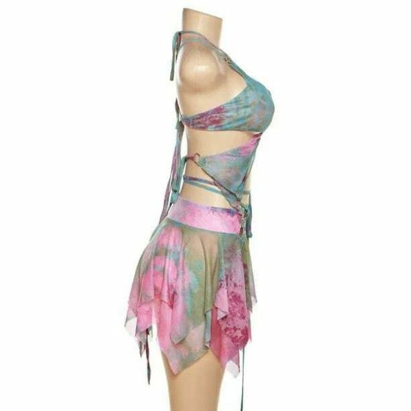 Y2K Tie Dye Rave Party Outfit: Mesh Butterfly 3-Piece Set - Bandage Cami, Irregular Skirt, Fairy Festival Crop Top