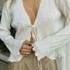 Y2K Tie Front Frill Pleated Silky Long Sleeve Blouse