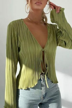 Y2K Tie Front Frill Pleated Silky Long Sleeve Blouse