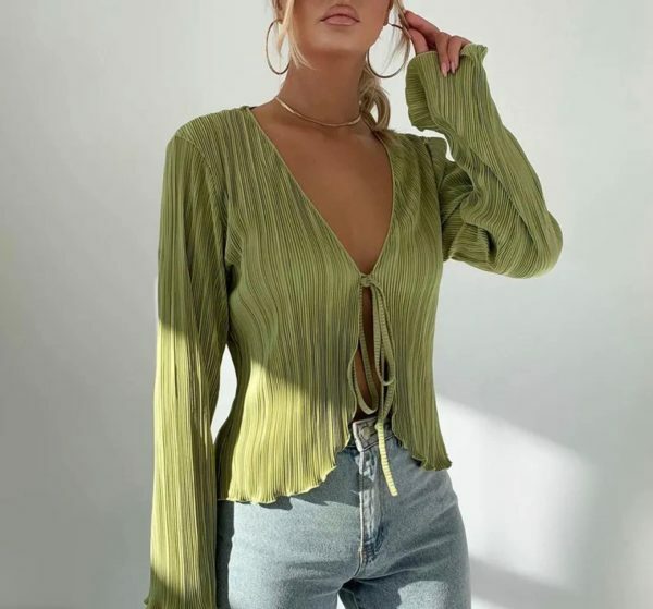 Y2K Tie Front Frill Pleated Silky Long Sleeve Blouse