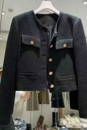 Y2K Tweed Cropped Jacket: Women's Streetwear Wool Coat