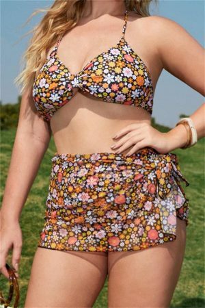 Y2K Twist Front Bikini Top with Floral Print - Plus Size Streetwear