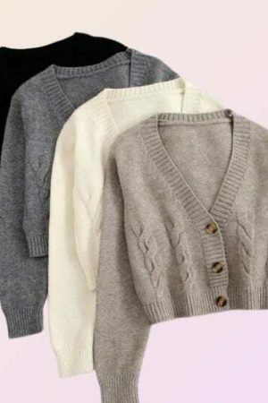 Y2K V-Neck Cropped Knitted Cardigan Grandpa Sweater Loose Fit Button Up Top